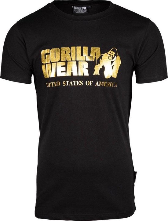 Zwarte t-shirt met de gouden Gorilla Wear tekst en aap-logo op de voorkant.