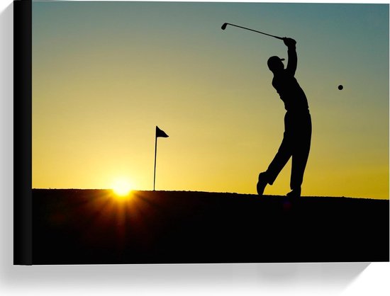 Canvas  - Golfer met Zonsondergang - 40x30cm Foto op Canvas Schilderij (Wanddecoratie op Canvas)