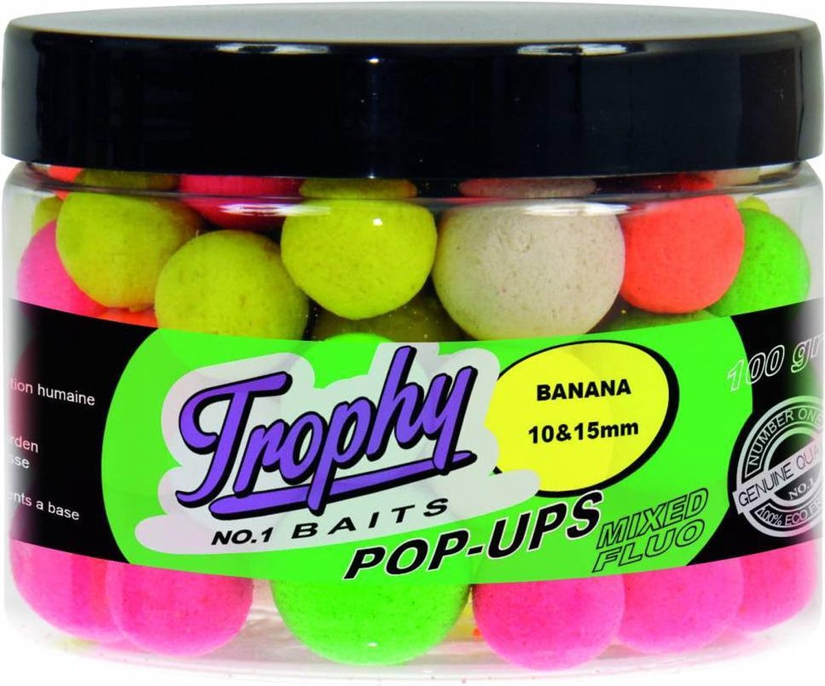 Trophy Baits Pop-Up Boilies Banana 10/15MM 70g - opvallende fluo boilies met sterk drijfvermogen