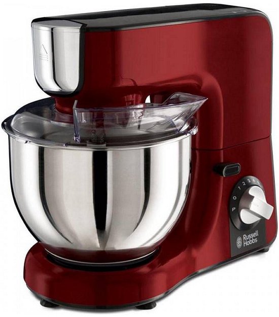 Rode Russell Hobbs keukenmachine met roestvrijstalen kom en transparante spatscherm.