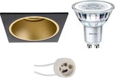 LED Spot Set - Pragmi Minko Pro - GU10 Fitting - Inbouw Vierkant - Mat Zwart/Goud - Verdiept - 90mm - Philips - CorePro 830 36D - 5W - Warm Wit 3000K - Dimbaar