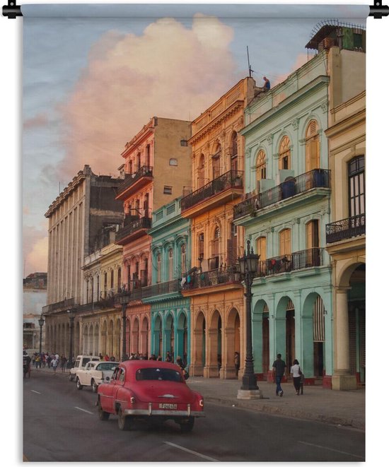 Wandkleed Cuba - Oude auto's voor de kleurrijke gebouwen van Cuba Wandkleed katoen 90x120 cm - Wandtapijt met foto
