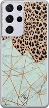 Samsung S21 Ultra hoesje siliconen - Luipaard marmer mint | Samsung Galaxy S21 Ultra case | Bruin | TPU backcover transparant