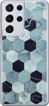 Samsung S21 Ultra hoesje siliconen - Blue cubes | Samsung Galaxy S21 Ultra case | blauw | TPU backcover transparant