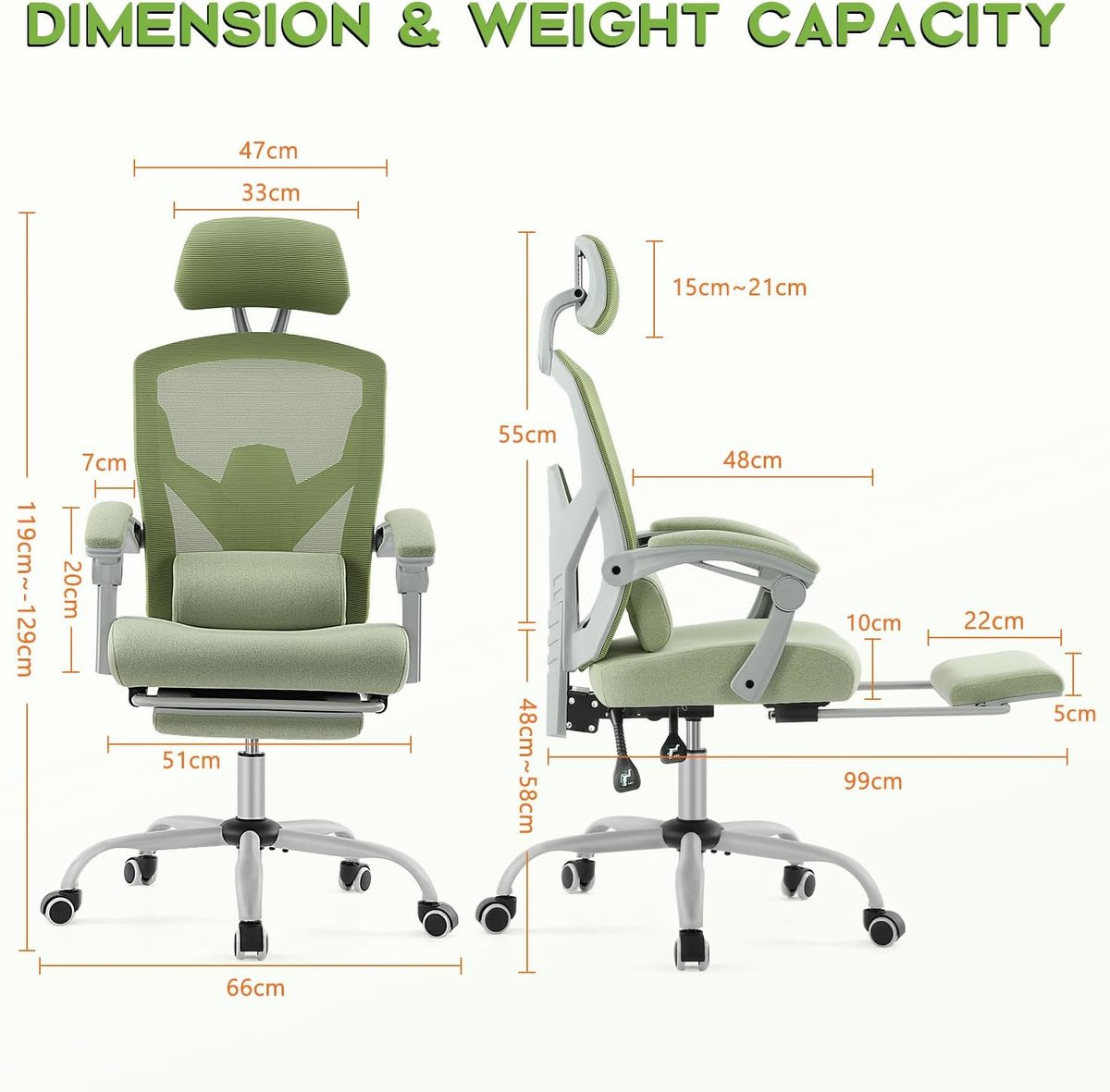 Ergonomische bureaustoel Casa Velluto ComfortMax met lendensteun, voetensteun en verstelbare hoofdsteun, 360° draaibaar, verstelbare zithoogte, ademend mesh kussen, kantoorstoel voor thuis en werk – Groen