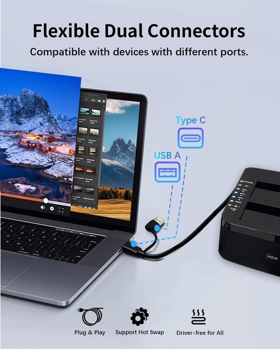 Externe Harde Schijf Dock - Opslagstation - Data Back-up - Offline Klonen - 20TB Capaciteit - Zwart — afbeelding 4