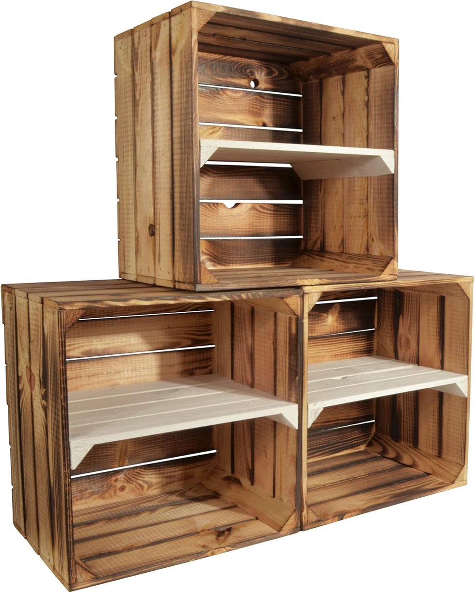 Set van 3 Houten Wijnrekken - Stapelbaar en Uitbreidbaar - Houtblok met Plank