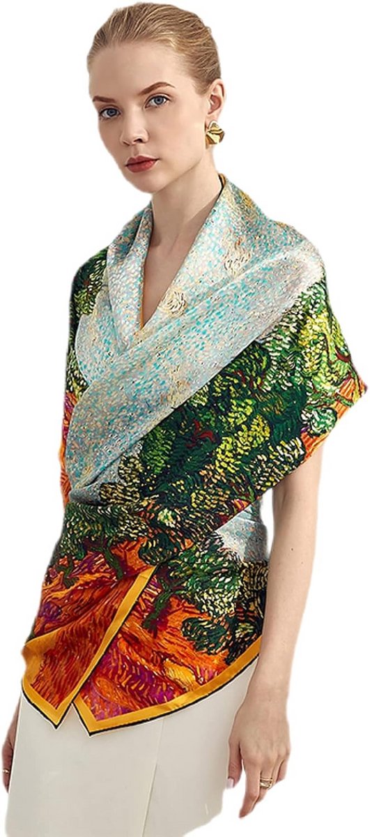 XXL Zijden Stola Blauw Oversized Bloemenmotief Dunne en Lichte Sjaal