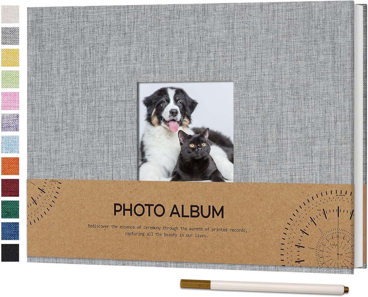 Zelfklevend Fotoalbum Linnen Kaft - DIY Scrapbook met Fotovenster - 40 Witte Pagina's - Grijs