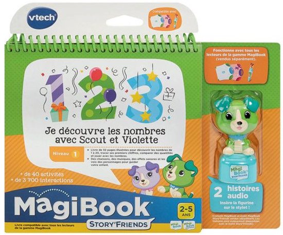 Een MagiBook-boek in verpakking, 'Je ontdek de cijfers met Scout en Violet', met een speelgoedhondje en een pen.