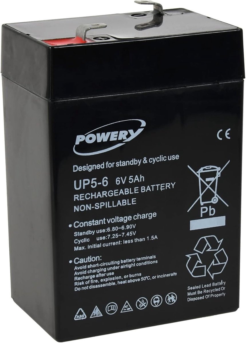 6V Accu Gel Batterij - Reserve Batterij - Noodstroom Toepassingen - Onderhoudsvrij Gesloten Systeem - 5Ah Capaciteit - Zwart