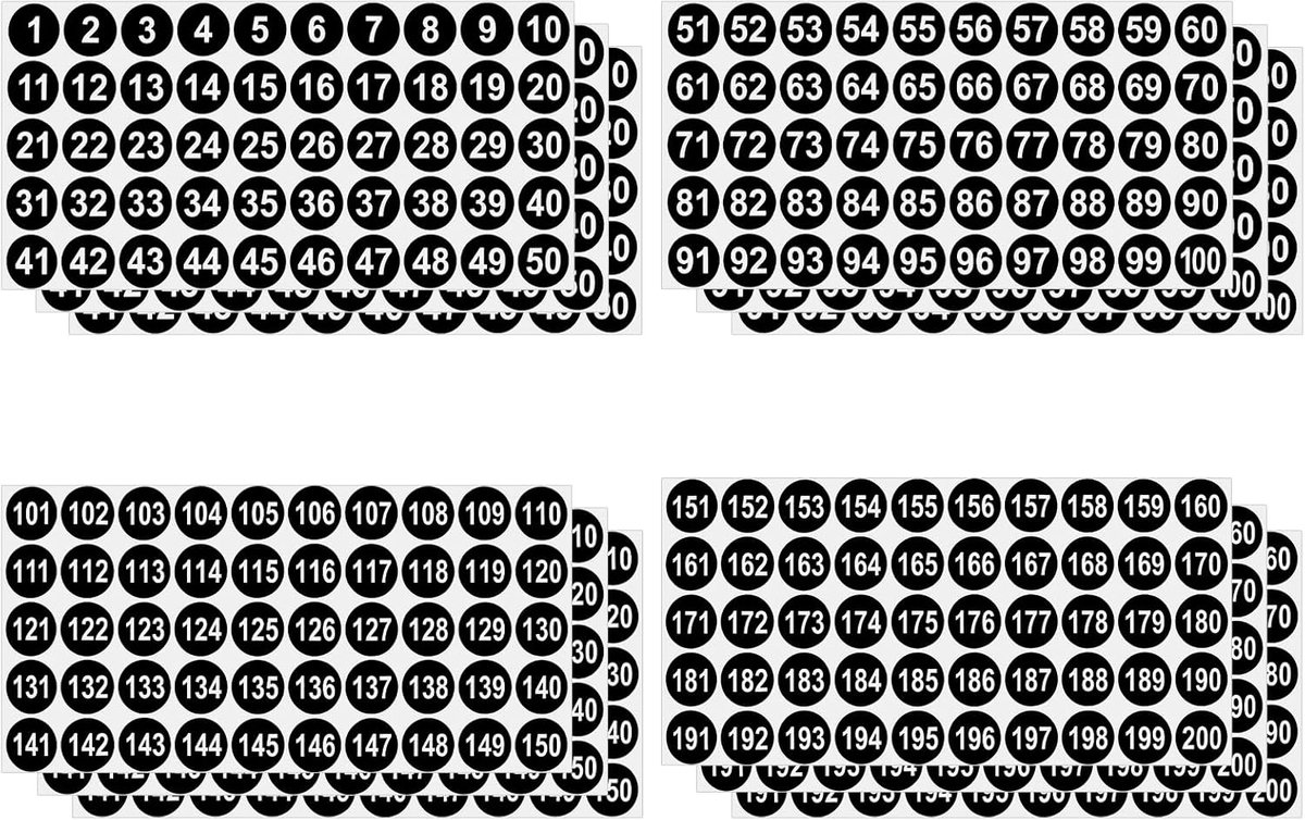 12 Sets Nummerstickers 1 tot 200 Zelfklevend voor Organiseren en Nummeren
