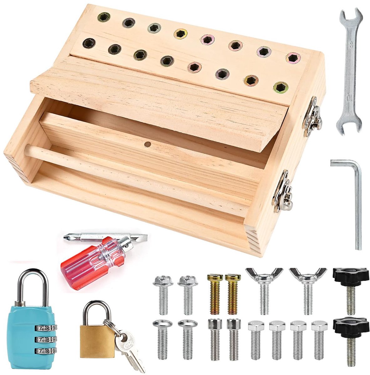 Montessori Speelgoed voor 3, 4, 5 jaar – Motoriek Speelgoed – Houten Schroevendraaier Busy Board met 3 Slotjes en Sleutels – Kinderspeelgoed Cadeau voor Meisjes en Jongens