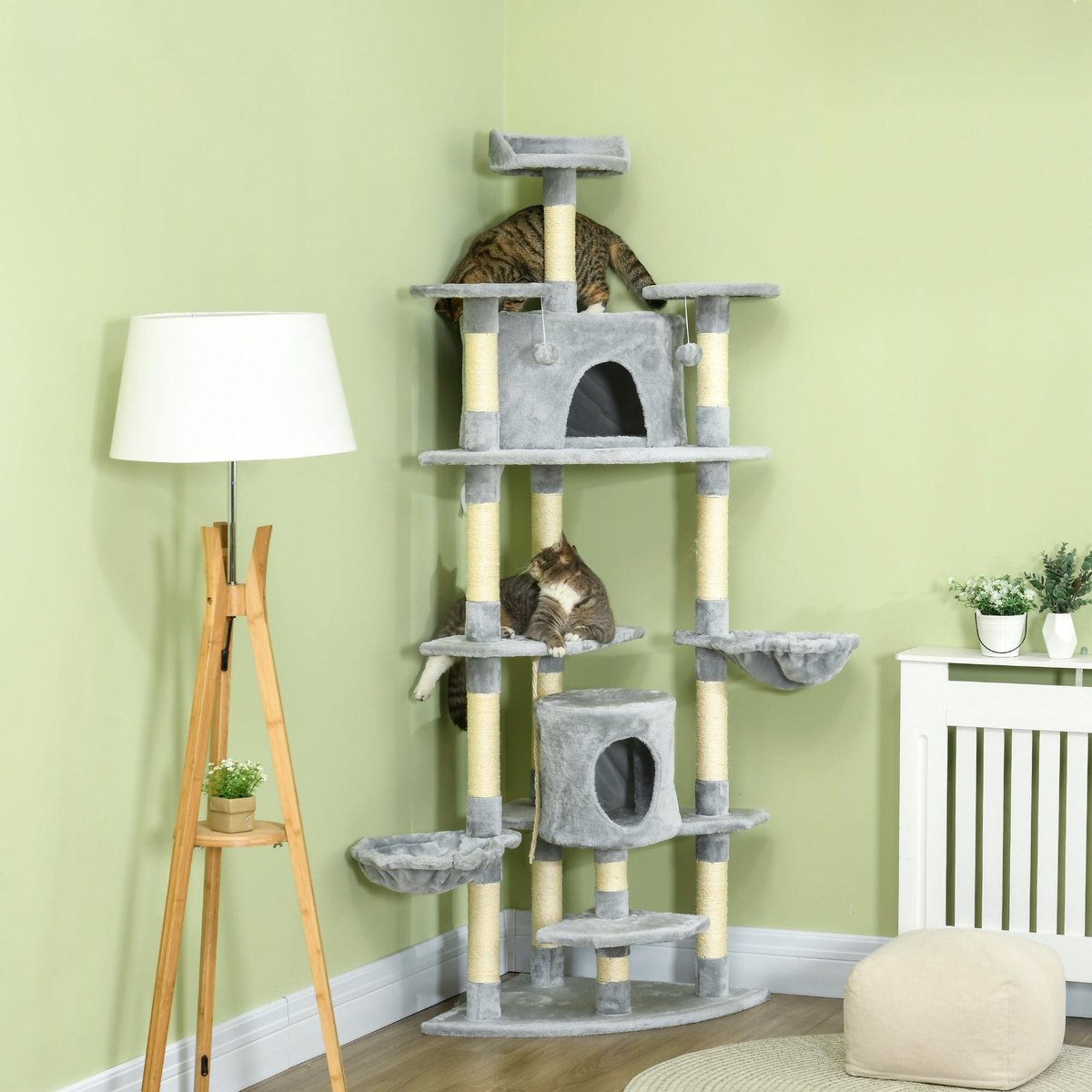 Krabpaal – Krabboom – Kattenmeubel – Kattenkrabpaal – Klimmeubel – Met 2 Hangmatten en 2 Kattenholletjes – Zachte Pluche Bekleding en Stevig Sisaltouw – Lichtgrijs