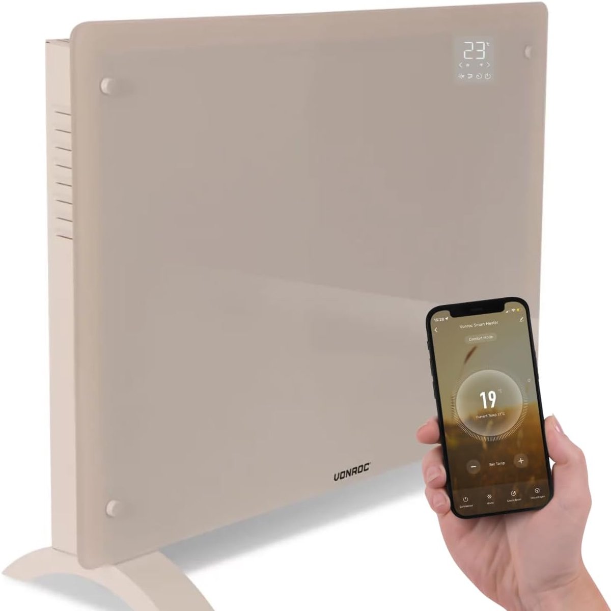 Elektrische Convector - Glaspaneel Verwarming - Ruimte Verwarmen - App Bediening Wifi - 1500 Watt - Beige