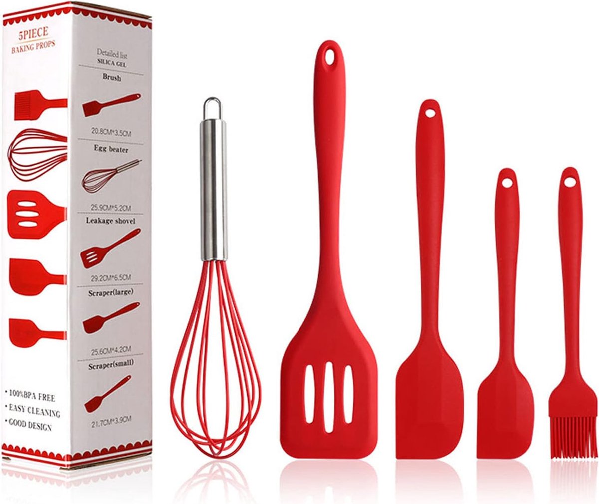 Keukengerei Set - Silicone Spatels - Koken Bakken - Hittebestendig Flexibel - 5 Delig - Rood