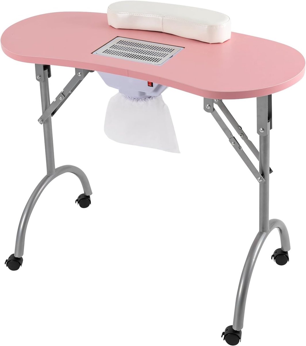 Professionele Manicure Tafel Inklapbaar met Afzuigsysteem en Wieltjes - Mobiel & Roze