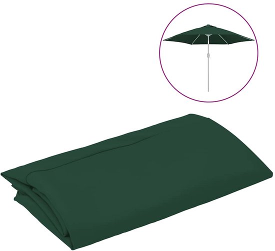 Donkergroen parasoldoek, 300 cm. Bovenin een cirkel met een groene parasol.