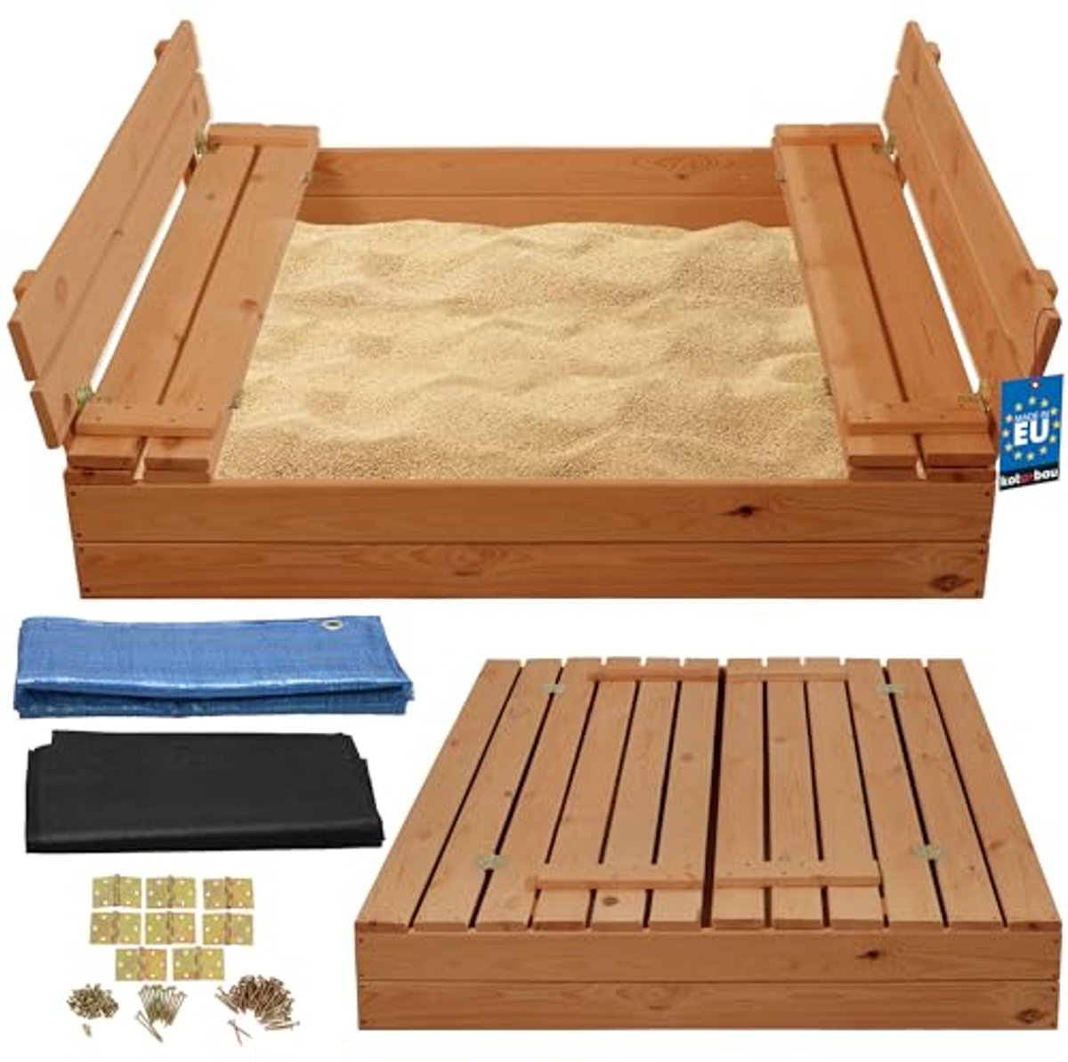 KOTARBAU® Houten Zandbak, 120 x 120 cm, Bruin, Zandbak met Deksel, en Bankjes, Met Grondzeil, Geïmpregneerd, Buitenspeelgoed