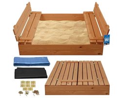 KOTARBAU® Houten Zandbak, 120 x 120 cm, Bruin, Zandbak met Deksel, en Bankjes, Met Grondzeil, Geïmpregneerd, Buitenspeelgoed