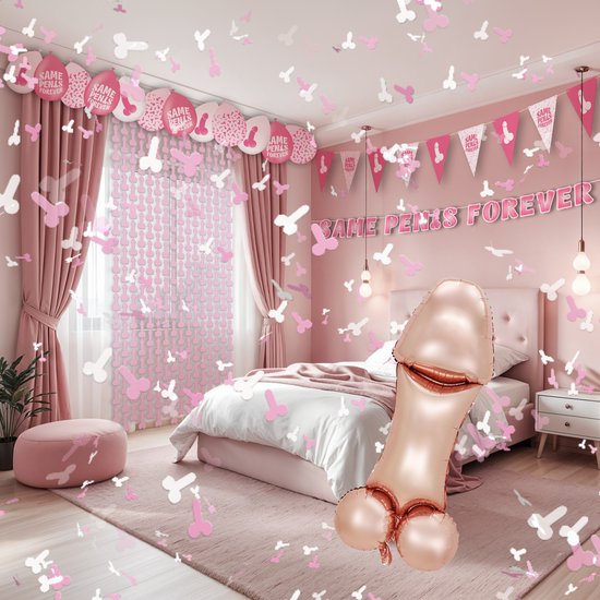 Chambre décorée de guirlandes roses, de ballons et de confettis en forme de pénis. Un ballon rose en forme de pénis est sur le lit.