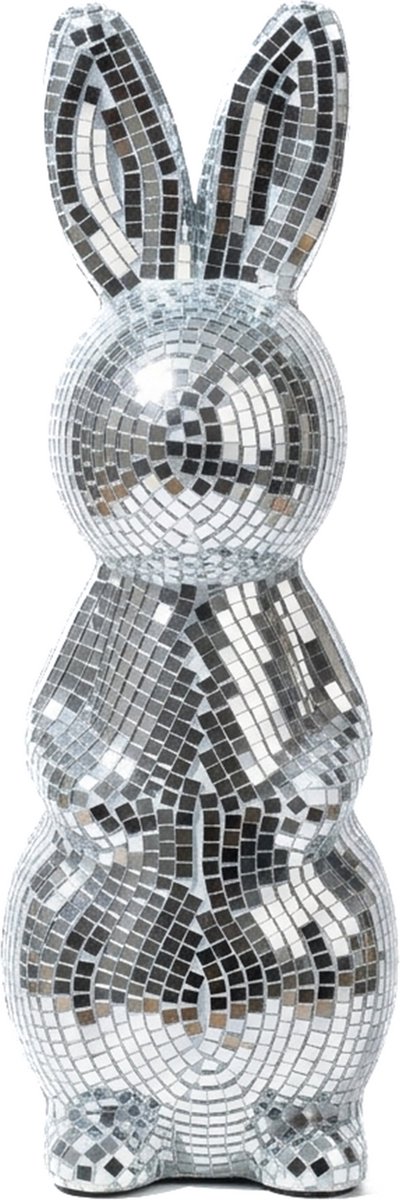KIMU® Paashaas Discobal 25 cm Spiegeltjes - Beeld Pasen Disco Haas Spiegel Konijn - Beeldje Zilver Discobol Spiegelbol Glitter Vintage Festival