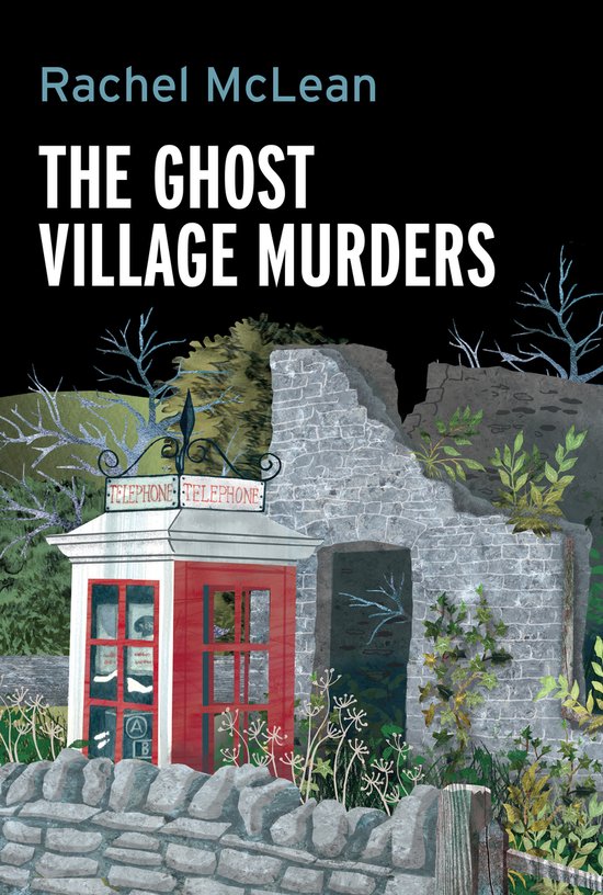 Boekomslag van 'The Ghost Village Murders' met een rode telefooncel en ruïnes.