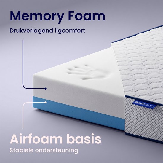 Surmatelas avec mousse à mémoire de forme souple et base en airfoam ferme. Empreinte de main visible dans la mousse.