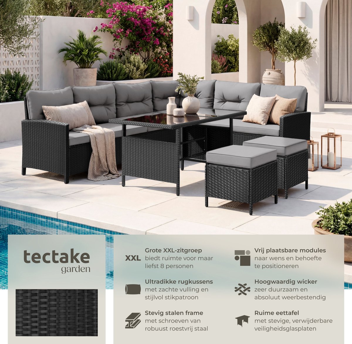 tectake® Loungeset Barletta - 6 tot 8 Personen - Modulaire Tuinset met Loungebank, Kruk en Tuintafel - Tuinmeubels - Balkonmeubel - 5-delige Zitgroep - Inclusief Kussens - Ideaal voor Tuin, Terras en Balkon - Zwart met Grijze Kussens thumbnail 2