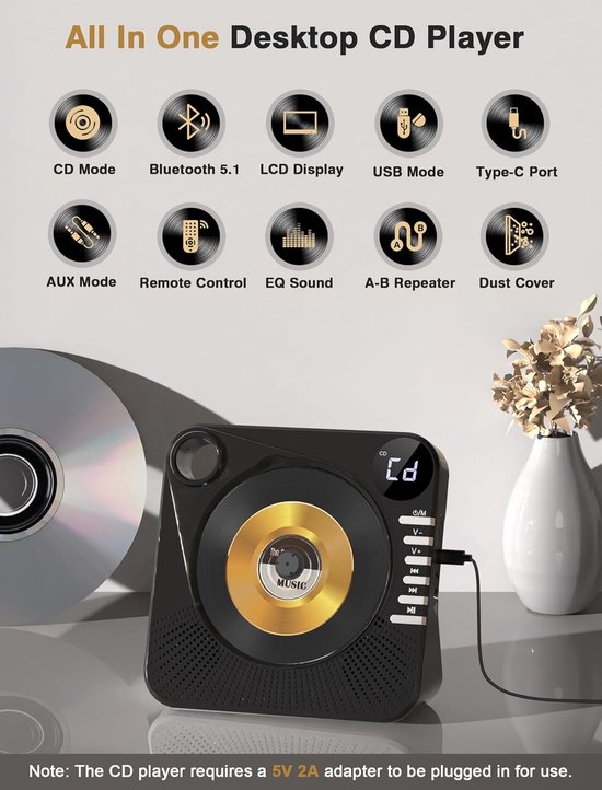 CD-speler - Draagbare Bluetooth-luidspreker - 4000mAh Batterij & Bluetooth 5.0 - Transparant Schuifdeksel & Afstandsbediening - Slaaptimer & Herhaalfunctie - Voor Thuis & Onderweg van Merkloos — afbeelding 4