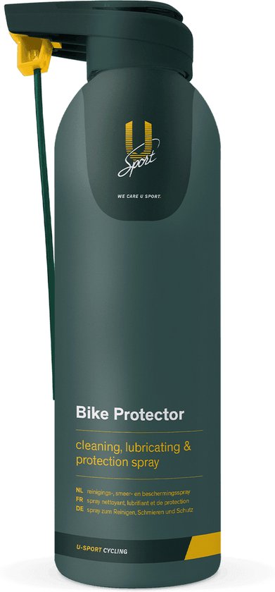 Fles Bike Protector spray van U-Sport. Donkergrijs met geel logo en opzetstuk.