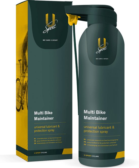 U-Sport Multi Bike Maintainer fles en doos. Fles met gele spuitmond. De doos is donkergroen met gele accenten en een fietsafbeelding.
