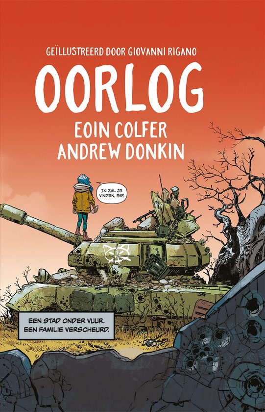 De voorkant van het boek 'OORLOG'. Een jong meisje staat op een tank. Een rode, oranje achtergrond en kale bomen, met een stad op de achtergrond.