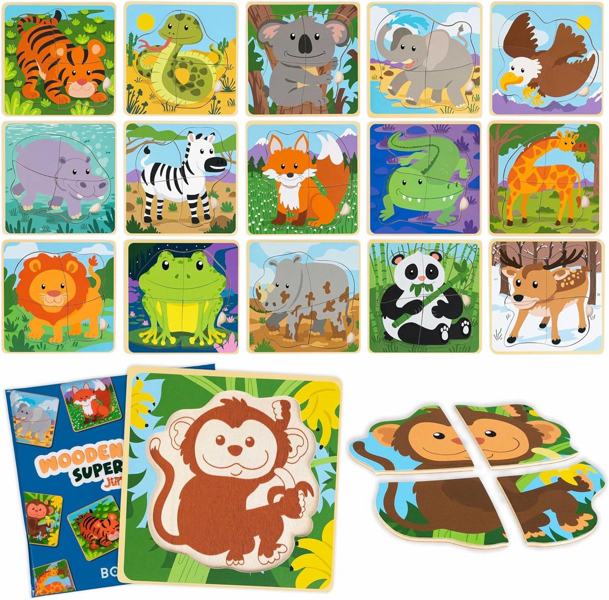 Houten Puzzel Set van 16 Stuks voor Peuters en Kinderen (1-5 Jaar) - Inclusief Cadeautasjes
