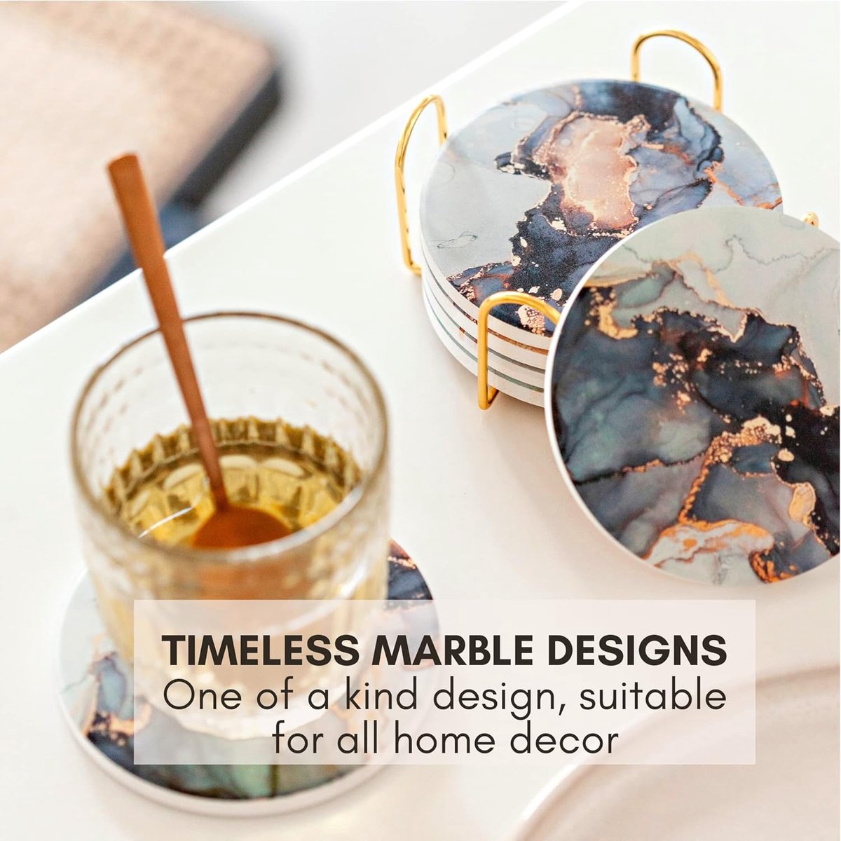 Set van 6 Absorberende Onderzetters met Houder - Marmer Look - Tafelbescherming