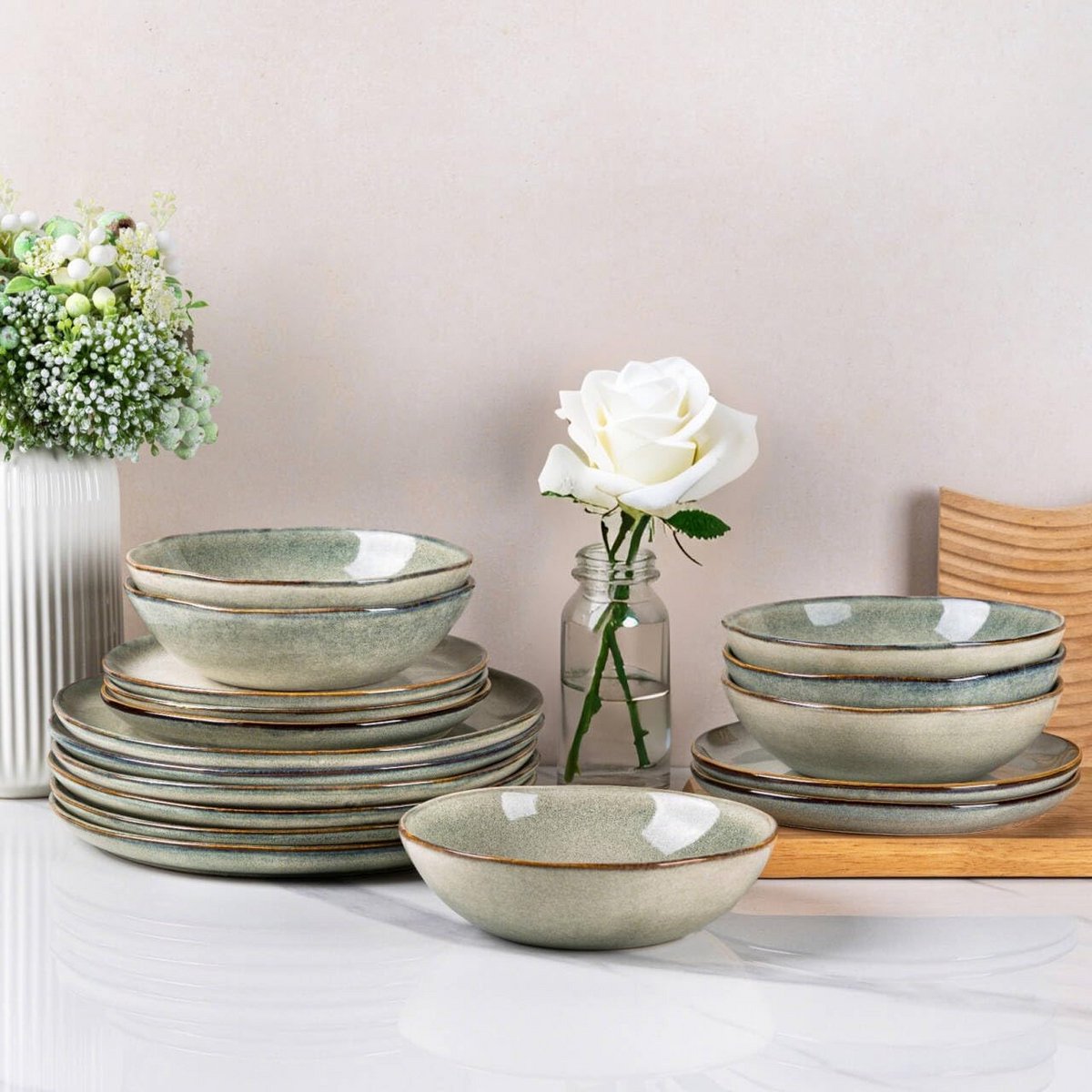 Handgemaakte Keramische Servies Set - Steengoed Borden en Kommen voor 6 Personen