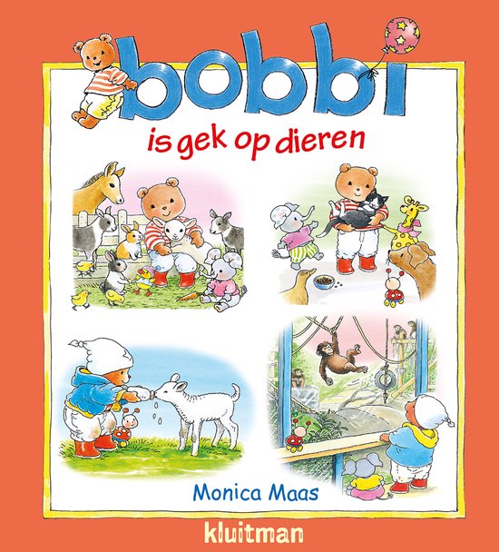 Boekomslag 'Bobbi is gek op dieren' met vier illustraties van Bobbi en dieren. Bobbi, een bruine beer, staat onderaan.