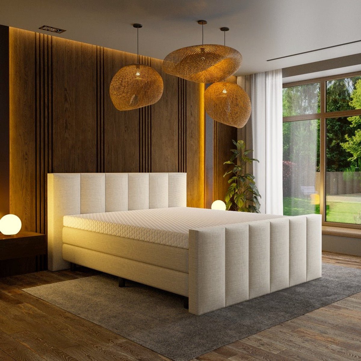 Mörgenn Luxe Boxspring Billy - Pocketvering - Luxe 6 baans hoofdbord - Luxe 6 baans voetbord + Luxe Suprême topper - Inclusief Dekbed en Kussens - Beige - 200x200 cm