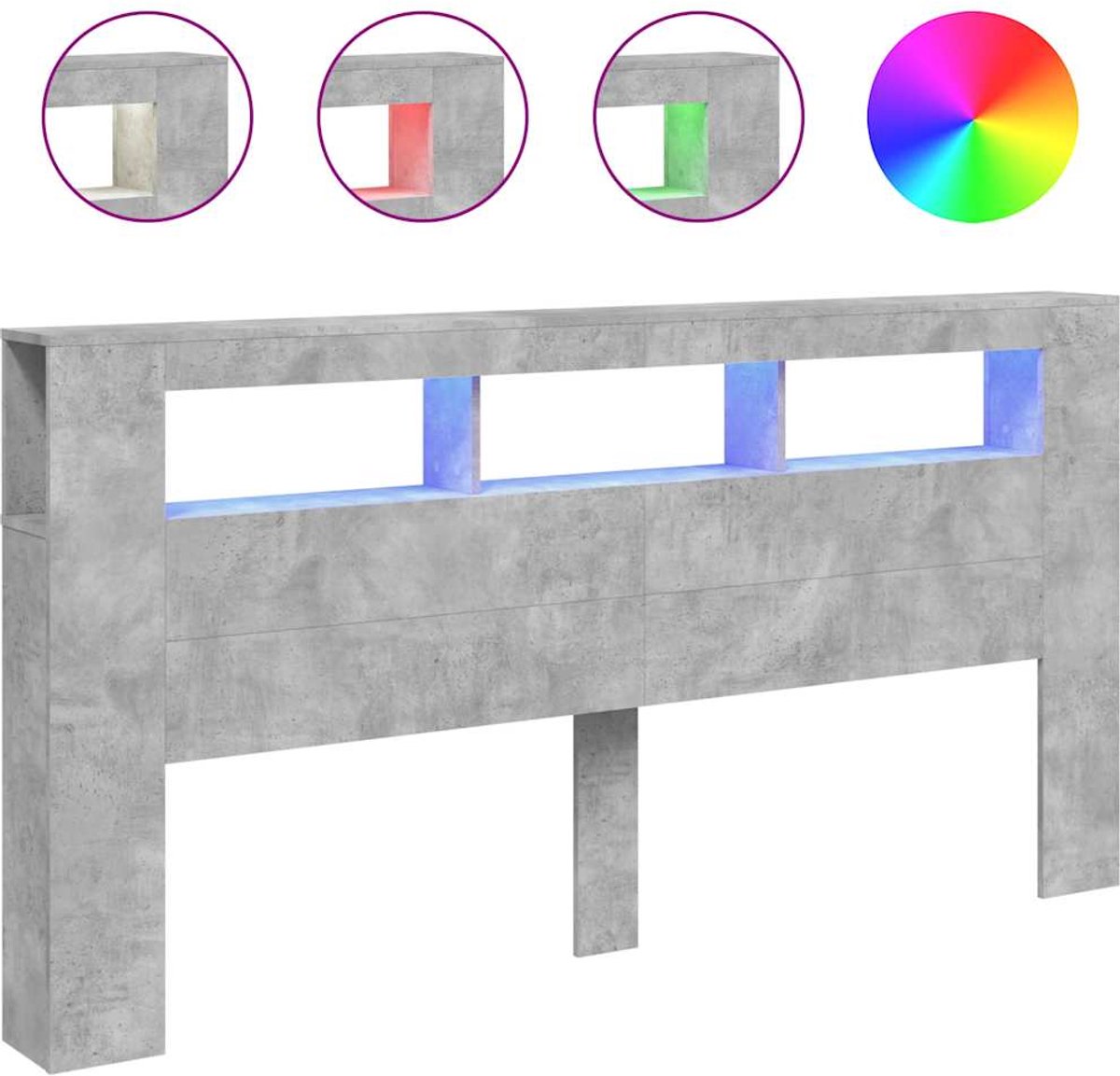 vidaXL - Hoofdeinde - met - LED - 200x18,5x103,5 - cm - bewerkt - hout - betongrijs
