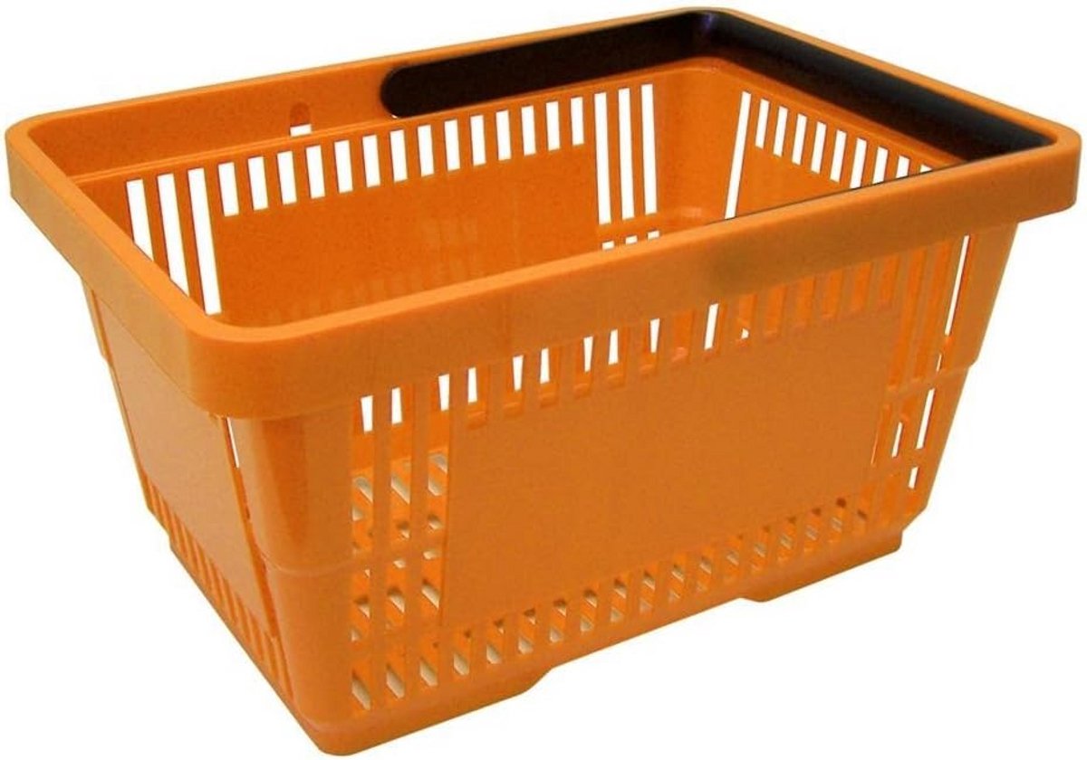 Stapelbare oranje winkelmandjes 20 liter met stevige handvatten