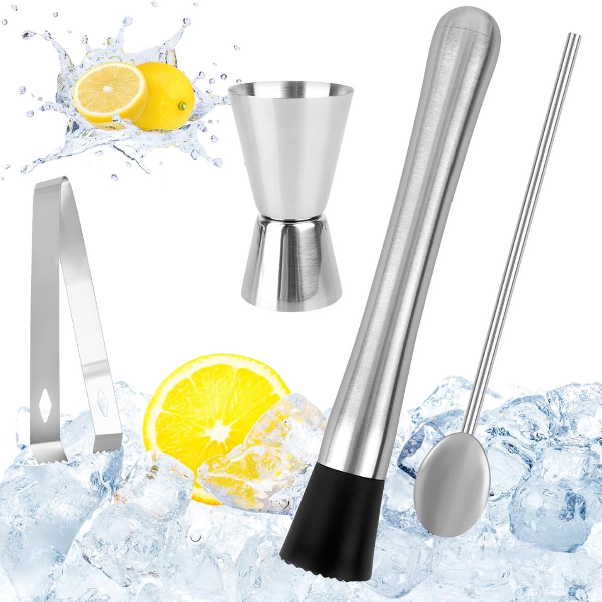 DYNA®IJscrusher - Roestvrijstalen Cocktail Stamper met Cocktaillepel - Barman Set - Mojito Stamper - Zliver - 22cm x 15cm x 4cm