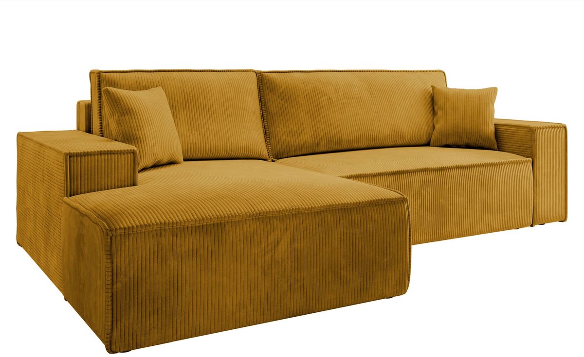 Selsey Farese New – Hoekbank van corduroy met slaapfunctie en opbergruimte, Mosterdgeel, Links