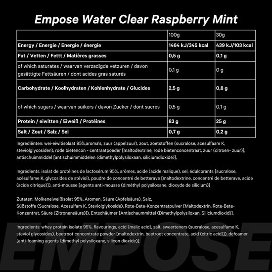 Empose Nutrition Clear Whey Isolate - Framboos - Eitwit poeder - Proteïne Ranja - Suiker- en Vetvrij - 600 g