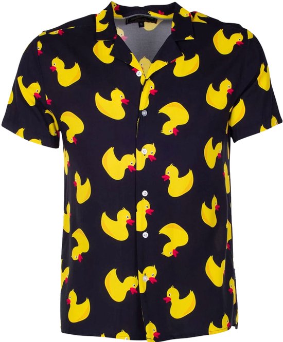 Heren blouse met korte mouwen, open kraag en opdruk van gele eendjes op een zwarte ondergrond.
