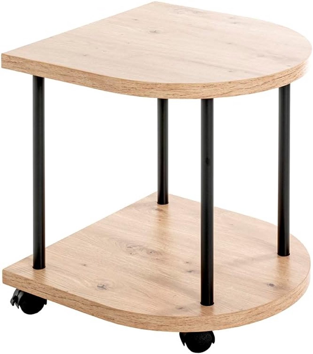Moderne bijzettafel op wielen met eikenlook en zwart metalen frame