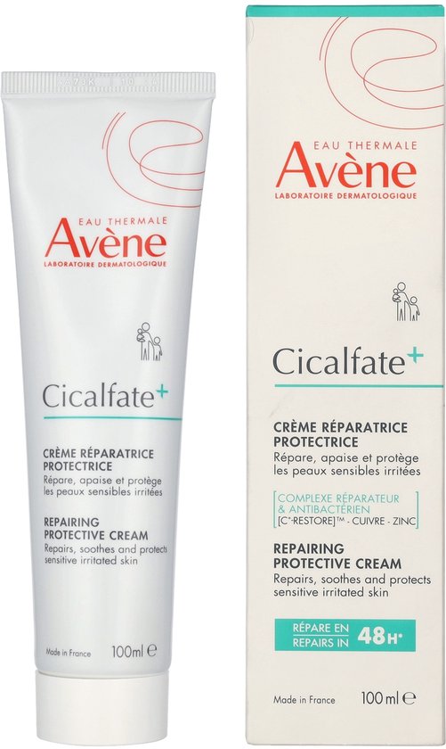 Avène Cicalfate+ crème en doos. Repareert, kalmeert en beschermt gevoelige, geïrriteerde huid. Gemaakt in Frankrijk. 100 ml.