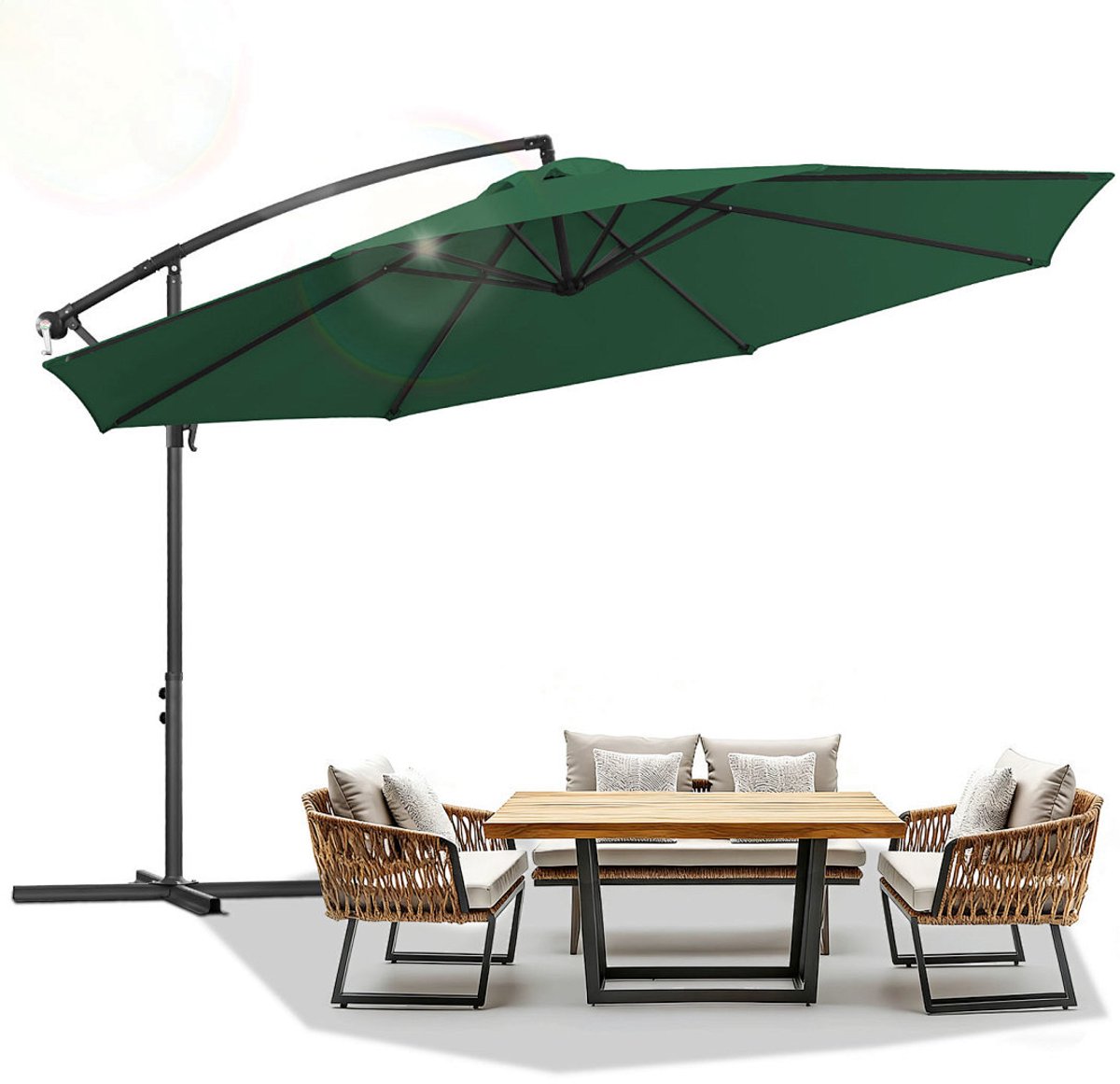 Zweefparasols 3,5m - Grote Parasol voor Buiten - UV 50+ Bescherming (98% UV-blokkering) - Kantelbaar in meerdere standen - Windbestendig met Ventilatieopeningen - Met Kruisvoet + Windtouw - Waterafstotend Doek - Handslinger Groen