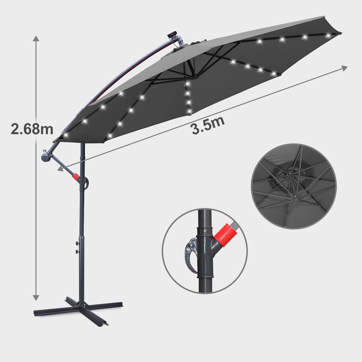 Zweefparasols - 350CM - Solar LED Verlichting 32x Wit - UV 50+ bescherming (blokkeert 98% UV) - Multi-angle Kantelbaar & Draaibaar - Windbestendig frame 8 Ribben - Incl. Kruisvoet - Waterafstotend doek Grijs – foto 2