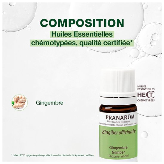 Samenstelling: chemotype-gecertificeerde essentiële oliën. Pranarom gember etherische olie. Met gemberwortel. Label HECT: kwaliteitsgarantie van botanisch gecertificeerde planten.