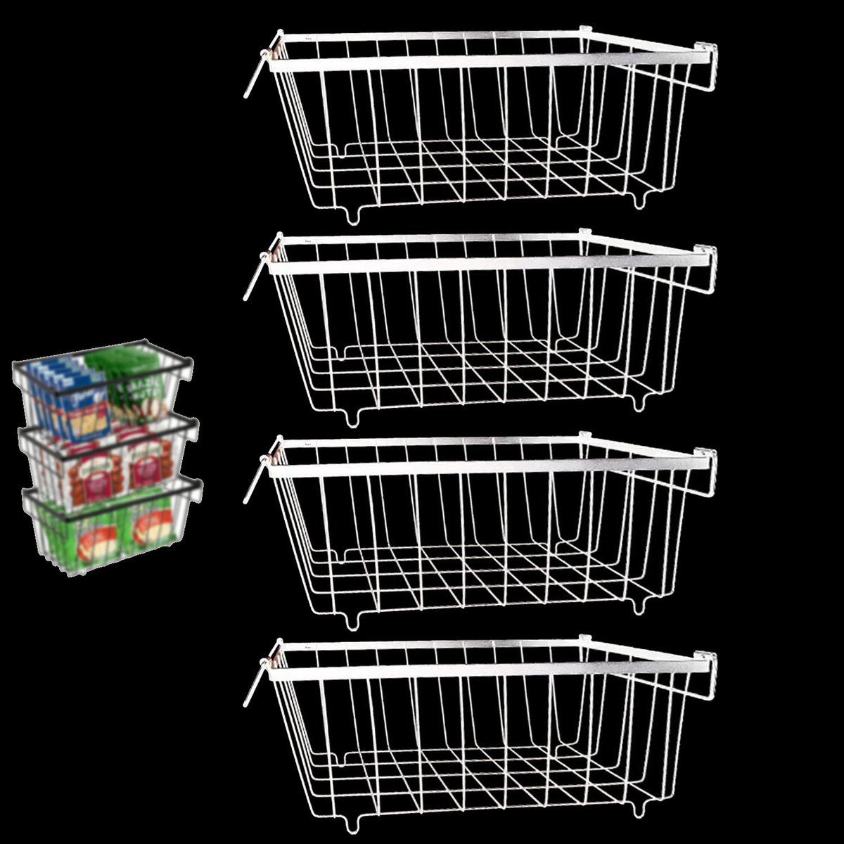 4 Delige Stapelbare Vriesmand - Koelkastmand - Vrieskast Organizer - Stapelbare Koelkast Organizer Met Opvouwbare Handgreep - Voedsel Sorteerbak - Ruimtebesparende Diepvries En Koelkast Organizer - Wit